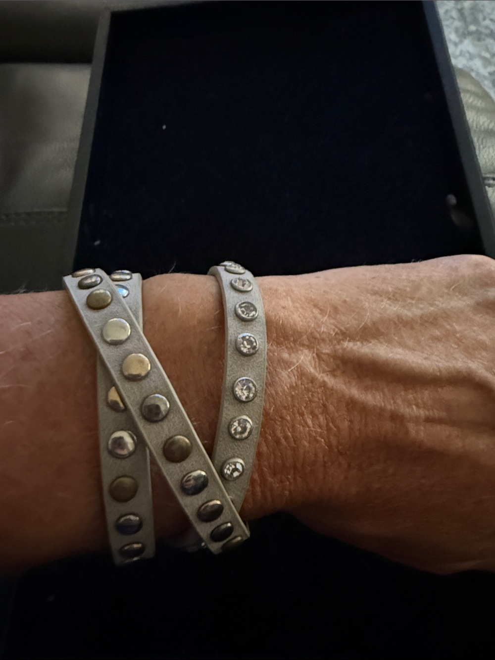 Premier Designs Gray Leather Triple Wrap Bracelet | Mixed Metal Studs & Crystal